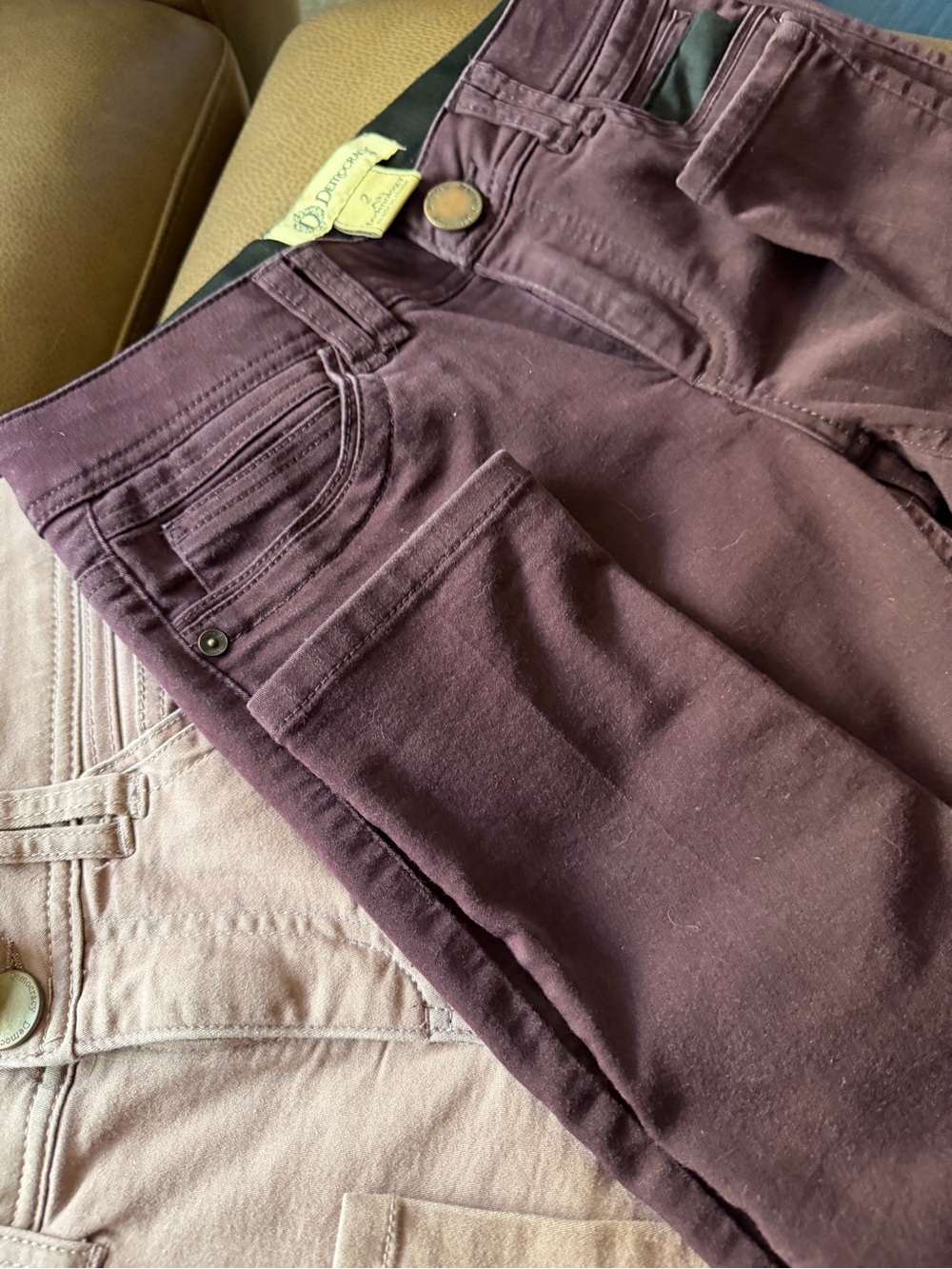 Democracy Dark Plum Skinny Jeans and lavender Skinny Jeans